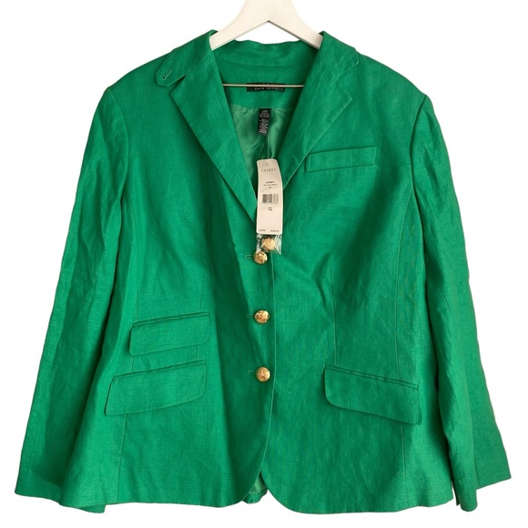 PLUS Ralph Lauren NWT 100% Linen Green & Gold Button Down Fully Lined Blazer 14W - Picture 4 of 11